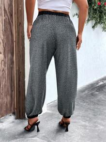 SHEIN LUNE Plus Contrast Trim Elastic Waist Trousers - Silver - View 6