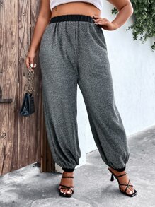 SHEIN LUNE Plus Contrast Trim Elastic Waist Trousers - Silver - View 8