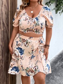 SHEIN Holidaya Plus Floral Print Puff Sleeve Crop Blouse & Ruffle Hem Skirt - Pink - View 7