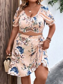 SHEIN Holidaya Plus Floral Print Puff Sleeve Crop Blouse & Ruffle Hem Skirt - Pink - View 4