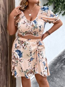 SHEIN Holidaya Plus Floral Print Puff Sleeve Crop Blouse & Ruffle Hem Skirt - Pink - View 8