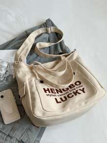 字母圖案購物袋多口袋休閒書包適合畢業生、青少年女孩、新生、大二、初中和高中學生、大學和高中，非常適合戶外、旅行和返校 - 米色 - 查看 6