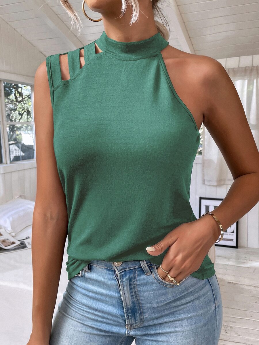 SHEIN LUNE Cut Out Asymmetrical Neck Top - Green - View 1