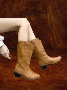 ROMWE Hippie 女士葉子刺繡尖頭粗跟靴，優雅的棕色西部戶外牛仔靴，女士牛仔靴 - 棕色 - 查看 2