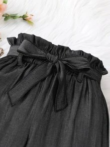 SHEIN 女孩紙袋腰腰帶闊腿褲 - 黑色 - 查看 3