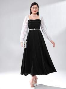 Modelyn Colorblock Square Neck Lantern Sleeve Dress Without Belt - Black and White - View 2