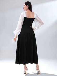 Modelyn Colorblock Square Neck Lantern Sleeve Dress Without Belt - Black and White - View 3