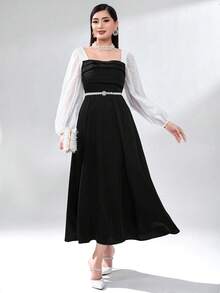 Modelyn Colorblock Square Neck Lantern Sleeve Dress Without Belt - Black and White - View 4