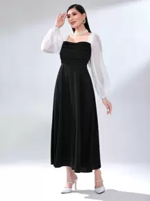 Modelyn Colorblock Square Neck Lantern Sleeve Dress Without Belt - Black and White - View 1