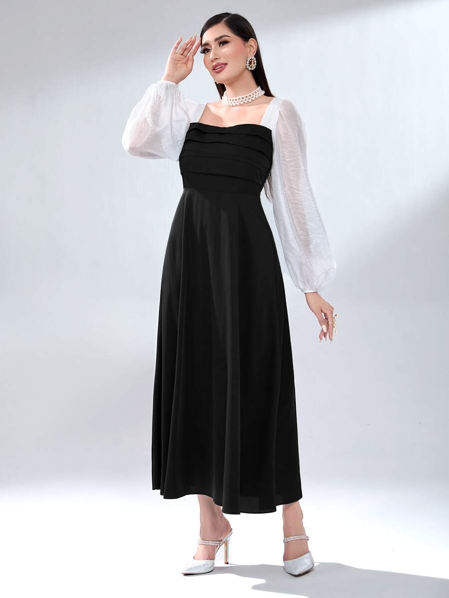 Modelyn Colorblock Square Neck Lantern Sleeve Dress Without Belt - Black and White - View 1