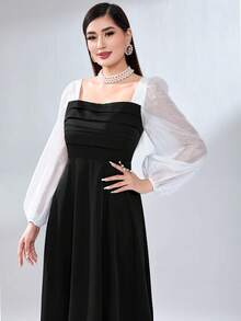 Modelyn Colorblock Square Neck Lantern Sleeve Dress Without Belt - Black and White - View 5