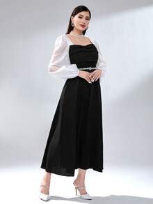 Modelyn Colorblock Square Neck Lantern Sleeve Dress Without Belt - Black and White - View 6