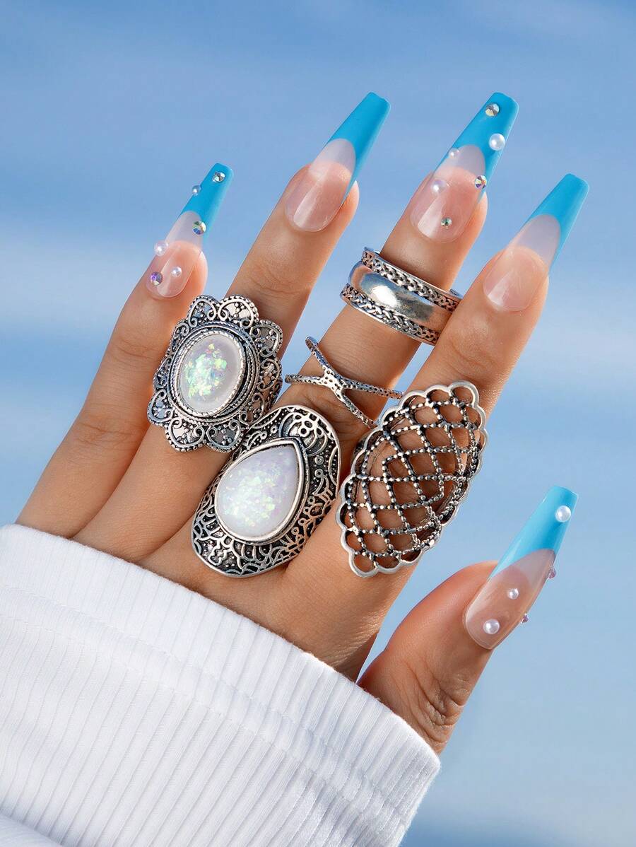 5pcs/set Opal Decor Hollow Out Ring - Silver - View 1