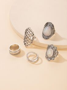 5pcs/set Opal Decor Hollow Out Ring - Silver - View 2