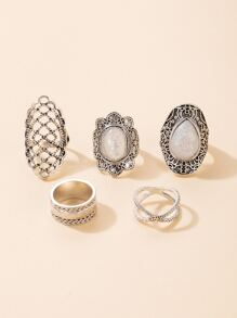 5pcs/set Opal Decor Hollow Out Ring - Silver - View 3