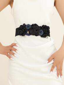 1 Pieza Cinturón Elegante Para Mujer Con Estilo Francés En Tejido Hecho A Mano Con Bordes Quemados Y Cinturilla Elástica Con Flor De Camelia 3d Y Decoración De Flores Falsas - Negro - Ver 8