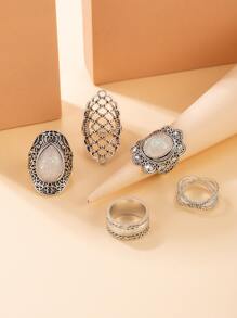 5pcs/set Opal Decor Hollow Out Ring - Silver - View 5