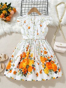 SHEIN Young Girl Floral Print Ruffle Trim Belted Dress - White - View 2