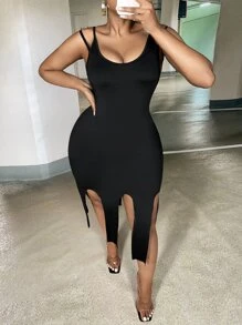 Slaydiva Đầm Plus Size Bất đối xứng Lộ Lưng màu trơn Giải trí - màu đen - Xem 1