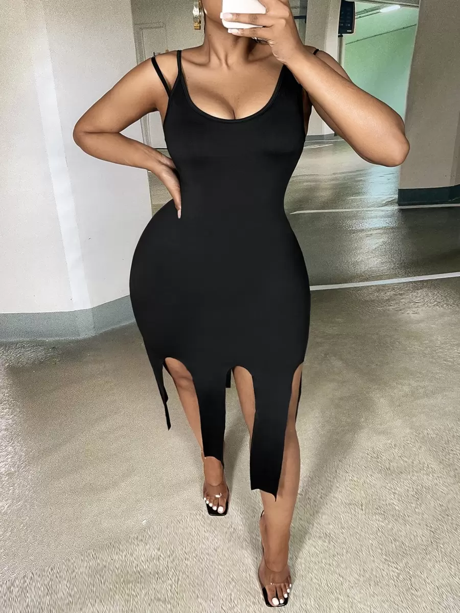 Slaydiva Đầm Plus Size Bất đối xứng Lộ Lưng màu trơn Giải trí - màu đen - Xem 1