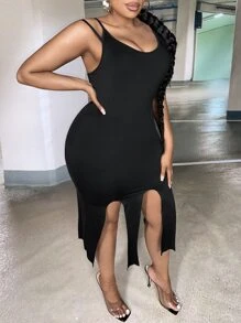 Slaydiva Đầm Plus Size Bất đối xứng Lộ Lưng màu trơn Giải trí - màu đen - Xem 4