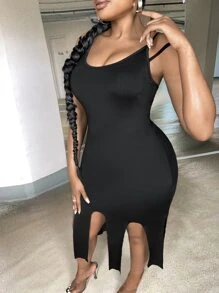 Slaydiva Đầm Plus Size Bất đối xứng Lộ Lưng màu trơn Giải trí - màu đen - Xem 5