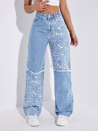 SHEIN EZwear Jeans de pierna recta con estampado de dibujos animados bajo crudo