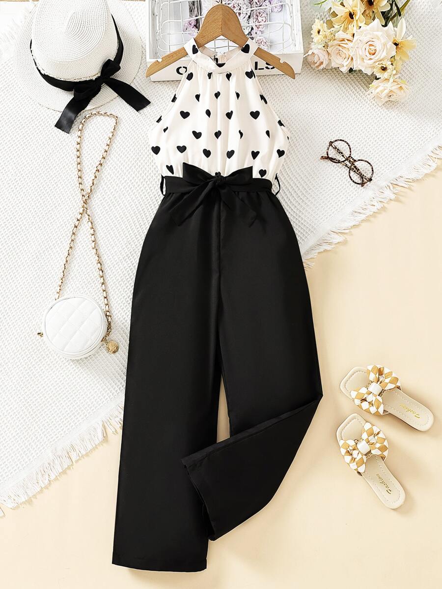 SHEIN Toddler Girls Heart Print Halter Neck Belted Jumpsuit