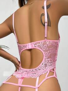 Floral Lace Underwire Garter Corset Lingerie Set With 1pair Leg Ring - Pink - View 2