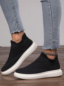 Women Breathable Slip On Shoes, Sporty Black Fabric Sneakers For Outdoor - Black - View 1