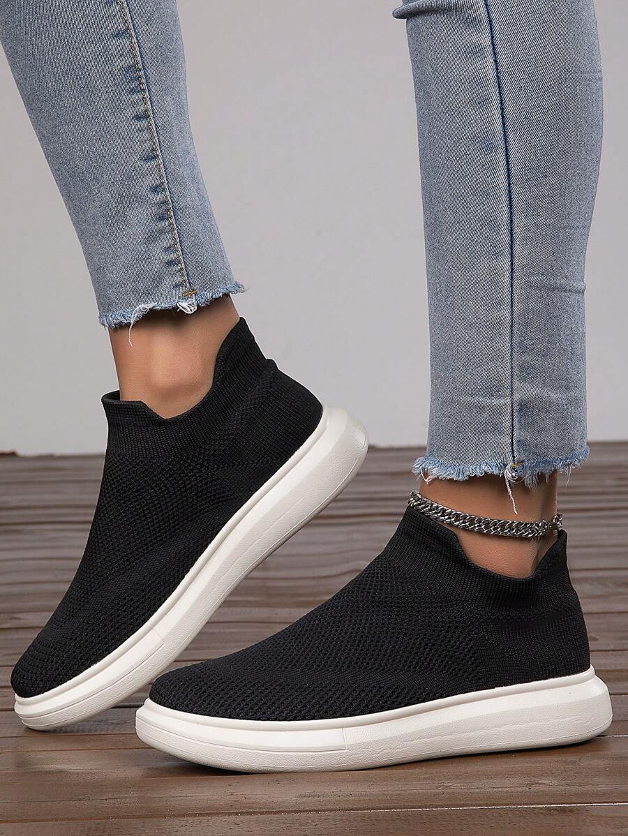 Women Breathable Slip On Shoes, Sporty Black Fabric Sneakers For Outdoor - Black - View 1