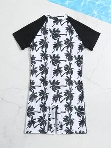 Toddler Boys Tropical Print Zipper Front One Piece Swimsuit - Black and White - View 2
