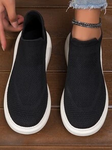 Women Breathable Slip On Shoes, Sporty Black Fabric Sneakers For Outdoor - Black - View 2