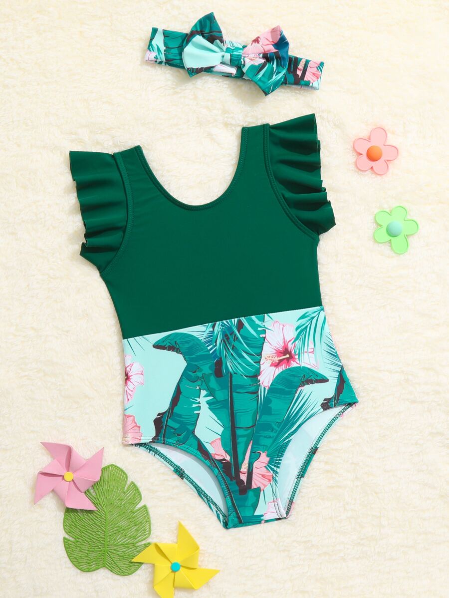 Baby Tropical Print Ruffle Trim One Piece Swimsuit With Headband - Green - View 1
