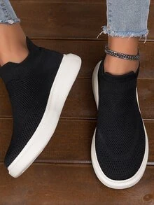 Women Breathable Slip On Shoes, Sporty Black Fabric Sneakers For Outdoor - Black - View 3