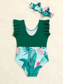 Baby Tropical Print Ruffle Trim One Piece Swimsuit With Headband - Green - View 2
