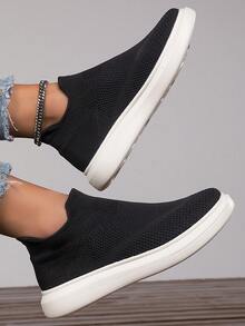 Women Breathable Slip On Shoes, Sporty Black Fabric Sneakers For Outdoor - Black - View 4