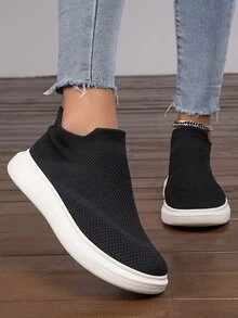Women Breathable Slip On Shoes, Sporty Black Fabric Sneakers For Outdoor - Black - View 5
