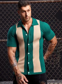 Manfinity ModaGents Men Two Tone Button Up Knit Top
