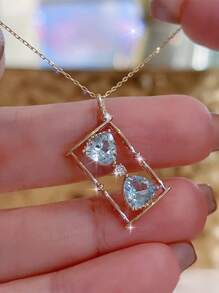 方晶鋯石裝飾銀吊墜項鍊 - 金色 - 查看 3