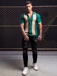 Manfinity ModaGents Men Two Tone Button Up Knit Top