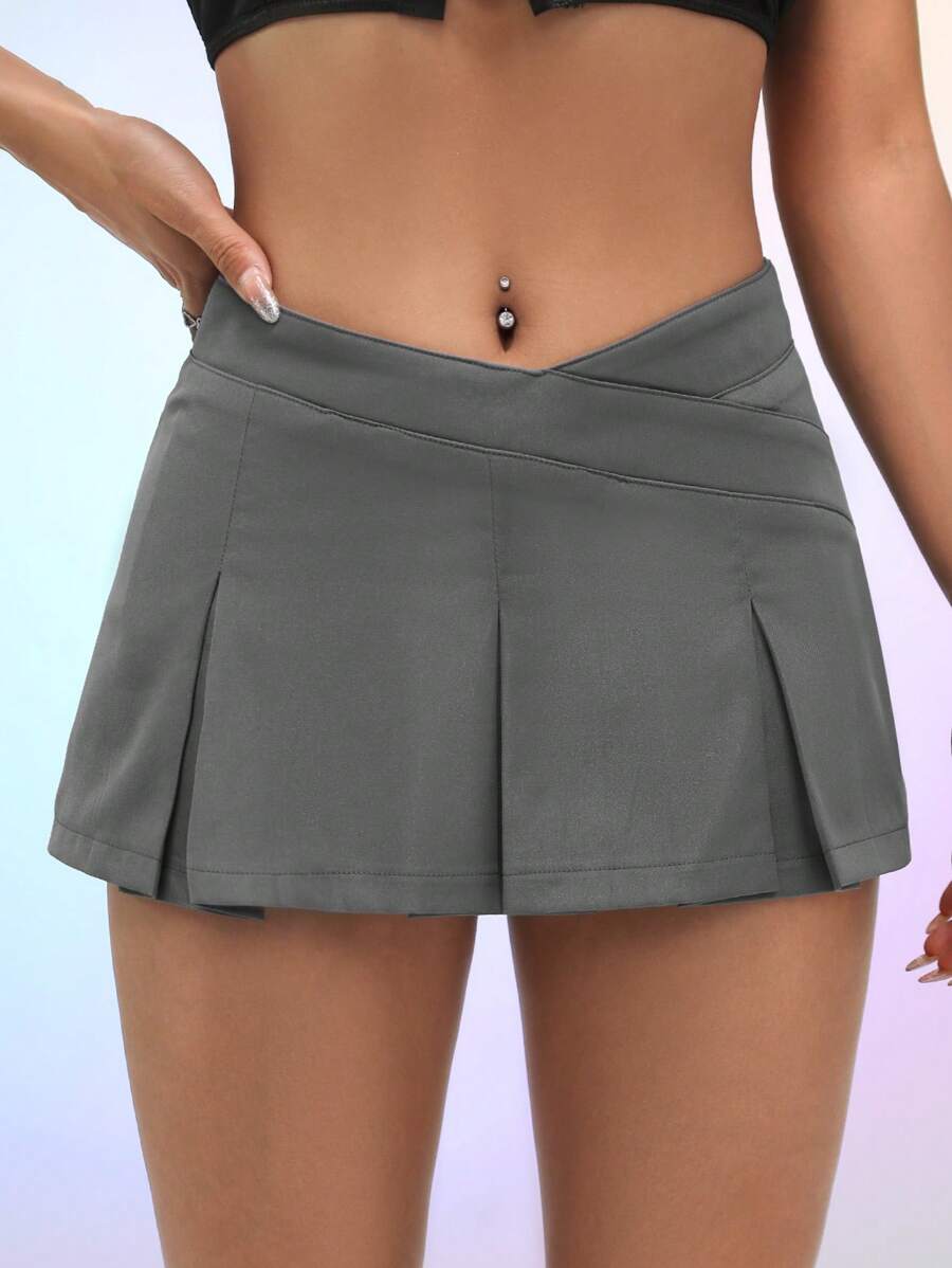 SHEIN ICON 素色褶皺細節半身裙 - 深灰色 - 查看 1