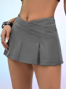 SHEIN ICON 素色褶皺細節半身裙 - 深灰色 - 查看 4