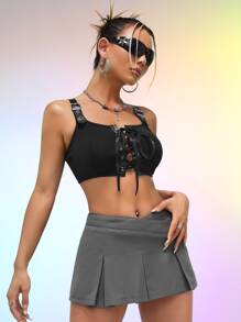 SHEIN ICON 素色褶皺細節半身裙 - 深灰色 - 查看 6