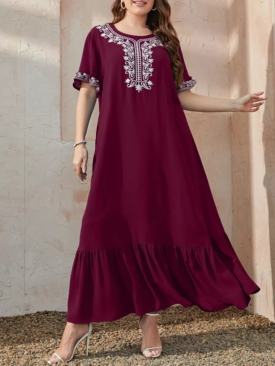 Al Najma Burgundy Red Plus Geo Print Ruffle Hem Smock Dress Kaftan Jalabiya Dress