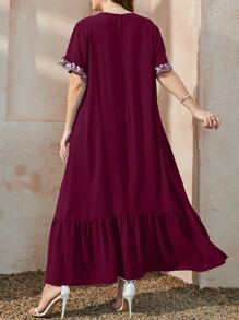 Al Najma Burgundy Red Plus Geo Print Ruffle Hem Smock Dress Kaftan Jalabiya Dress