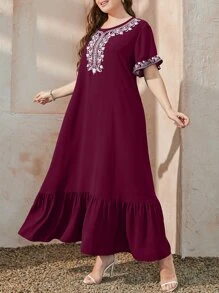 Al Najma Burgundy Red Plus Geo Print Ruffle Hem Smock Dress Kaftan Jalabiya Dress