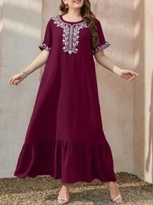 Al Najma Burgundy Red Plus Geo Print Ruffle Hem Smock Dress Kaftan Jalabiya Dress