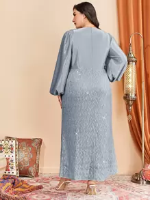 Modelyn Plus Lantern Sleeve Sequin Dress - Blue - View 2