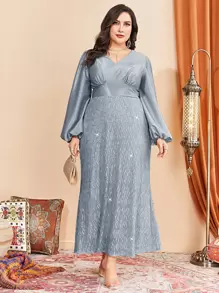 Modelyn Plus Lantern Sleeve Sequin Dress - Blue - View 5